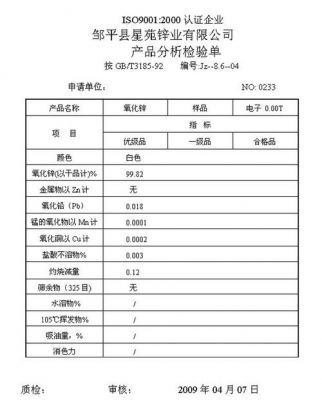 氧化锌化验国家标准（氧化锌997检测报告）