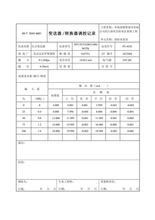 变送器记录卡填写标准（变送器调试记录）